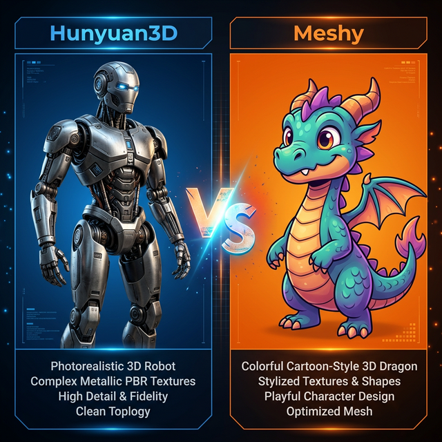 Comparison artwork for Hunyuan-style and Meshy-style 3D workflows